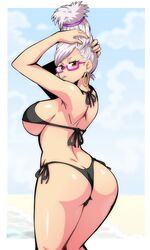 ass ass_focus ayase_seiko beach bikini cigarette dandadan fit_female glasses lewdamone looking_at_viewer looking_back milf sideboob white_hair rating:Questionable score:141 user:BigScut