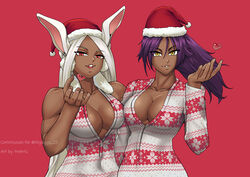 2girls animal_ears bleach boku_no_hero_academia breasts brown_skin bunny_ears christmas christmas_clothing christmas_headwear christmas_outfit crossover dark-skinned_female dark_skin female female_only fully_clothed heart long_hair mirko miruko muscular_arms my_hero_academia purple_hair red_eyes rumi_usagiyama santa_hat shihouin_yoruichi smile smiling thotlerrr treartz white_hair yellow_eyes rating:Safe score:90 user:Monbo