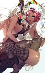 2girls animal_ears bare_shoulders between_breasts black_neckwear bob_cut bow bowtie breasts bunny_ears bunnysuit collarbone dark-skinned_female dark_skin detached_collar fishnet_legwear fishnets food fruit giovanna_(guilty_gear) green_eyes guilty_gear guilty_gear_strive highres large_breasts mouth_hold multiple_girls necktie necktie_between_breasts pantyhose playboy_bunny ramlethal_valentine red_hair roas01b short_hair sideboob signature simple_background strawberry thighhighs tongue tongue_out tray white_background white_hair yellow_eyes yuri rating:Questionable score:224 user:Guilty_Gear_Girls