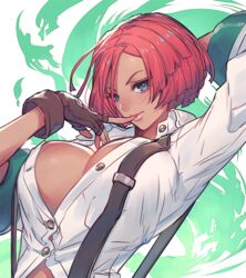 arm_up blue_eyes bob_cut breasts brown_gloves cleavage collared_shirt dark-skinned_female dark_skin female fingerless_gloves giovanna_(guilty_gear) gloves guilty_gear guilty_gear_strive large_breasts lips oro_(sumakaita) partially_unbuttoned red_hair shirt short_hair solo suspenders white_shirt rating:Explicit score:251 user:Guilty_Gear_Girls