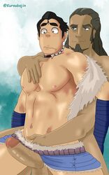 avatar_the_last_airbender bara big_penis bolin clothing erection gay kuroubojin male male_only muscles muscular_male nuktuk outdoors outside smooth_skin the_legend_of_korra tonraq yaoi rating:Explicit score:40 user:kurobojin