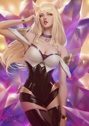 ahri bare_shoulders big_breasts black_clothing blonde_hair choker ear_piercing earrings female female_only fox_ears fox_girl hand_on_hair hips k/da_ahri k/da_series league_of_legends leotard lips lips_parted long_hair looking_down_at_viewer raikoart solo topwear white_clothing yellow_eyes rating:Safe score:235 user:mrbruh12