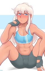 1boy abs blue_eyes blush bulge cody_(dross) dross femboy girly looking_at_viewer male male_only original shorts solo tight_clothing toned_body toned_male trap rating:Explicit score:514 user:justausername