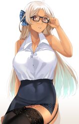 azur_lane bangs bare_shoulders belly_button belly_button_visible_through_clothing black_skirt blonde_hair brooklyn_(azur_lane) business_suit cleavage cowlick dark-skinned_female dark_skin female female_focus female_only garter_straps glasses hair_ribbon large_breasts lilycious long_hair looking_at_viewer looking_to_the_side loose_clothes miniskirt office_lady pencil_skirt red_eyes ribbon skirt skirt_suit stockings tagme teacher thick_thighs thighhighs tight_skirt watermark white_background white_clothing white_shirt rating:Questionable score:71 user:CheatingPartyHostess