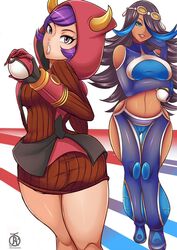 2girls black_hair carola_(pokémon) chocolate_and_vanilla clothed clothed_female clothing color courtney_(pokemon) courtney_(pokemon_oras) huge_breasts looking_at_viewer nintendo pokemon pokemon_oras pokemon_rse purple_hair revolverwingstudios shelly_(pokemon) shelly_(pokemon_oras) silvina_(pokémon) team_aqua team_magma rating:Explicit score:266 user:Curb