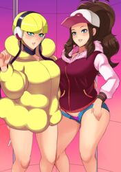 2girls big_breasts blue_eyes brown_hair clothed color elesa_(pokemon) hilda_(pokemon) looking_at_viewer nintendo pokemon pokemon_bw revolverwingstudios smile yellow_hair rating:Questionable score:68 user:Curb