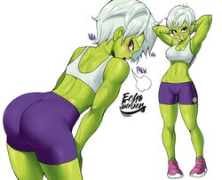 1girls alien_girl armpits arms_behind_head arms_up ass ass_focus blush breasts cheelai dat_ass dragon_ball dragon_ball_super echosaber eye_contact female fit_female green_skin gym_clothes gym_shorts gym_uniform humanoid looking_at_viewer muscular_female purple_background short_hair silver_hair solo spandex_shorts sports_bra standing sweat sweatdrop sweating sweaty text thighs white_background white_hair rating:Questionable score:430 user:Ugabuga