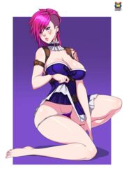 1girls barefoot belt beltskirt big_breasts blue_dress blue_eyes blue_skirt caitlyn_kiramman canon_couple cosplay dress_lift female gear kyoffie league_of_legends pale_skin panties panty_pull pink_hair posing purple_eyes purple_panties purple_underwear riot_games simple_background solo tattoo vi rating:Explicit score:49 user:Nashor