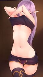 1girls areolae breasts dakimakura female female_focus female_only kaleina_(ricegnat) kerasu lift long_hair movement_lines navel nipples open_mouth pointy_ears purple_hair pussy ricegnat shirt shirt_lift simple_background small_breasts solo solo_female thighhighs undressing rating:Explicit score:280 user:m97Dslayer