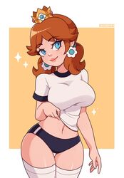 1girls alternate_breast_size big_breasts big_thighs blue_eyes breasts brown_hair buruma clothed clothing cremanata crown cute earrings eyebrows_visible_through_hair female female_only freckles gym_uniform hourglass_figure human human_only large_breasts legwear looking_at_viewer mario_(series) navel nintendo orange_hair princess_daisy shiny_skin shirt simple_background smile solo sparkles standing thigh_gap thighhighs thighs white_border white_shirt zettai_ryouiki rating:Questionable score:540 user:Johnny420