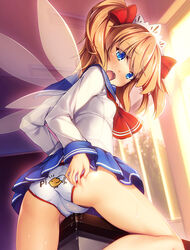 1girls ass blue_eyes blue_skirt blush bow brown_hair butt cameltoe chima_q classroom commentary_request crotch_rub desk fairy fairy_wings female from_behind hairbow hand_on_own_ass highres indoors legs_apart long_hair looking_back maid_headdress masturbation miniskirt moaning oerba_yun_fang open_mouth panties pantylines print_panties pussy_juice ribbon saliva school_uniform serafuku shirt skirt solo sunny_milk table_humping tears thighs touhou two_side_up underwear white_panties white_shirt wings rating:Explicit score:109 user:bot