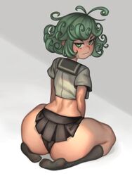 1girls ass big_ass blush bottom_heavy eye_contact female green_eyes green_hair huge_ass kelvin_hiu kneeling large_ass looking_at_viewer looking_back miniskirt narrow_shoulders one-punch_man panties school_uniform short_hair skirt solo stockings tatsumaki thick_ass thick_thighs thighs thin_arms thin_waist tight_clothing rating:Questionable score:560 user:Ugabuga