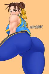 1girls ass big_ass brown_eyes brown_hair capcom chun-li double_bun earrings eye_contact flytrapxx looking_at_viewer looking_back street_fighter thick_thighs thighs tight_clothing tight_pants rating:Questionable score:128 user:Ugabuga