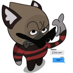  1:1 aggretsuko alpha_channel anthro brown_body brown_fur chibi clothing dialogue freggsnsfw fur haida_(aggretsuko) hyena looking_at_viewer male mammal meme sanrio silly solo spotted_hyena sweater text topwear  rating:safe score: user:bot