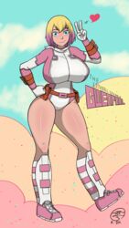 1girls belt blonde_hair cameltoe clothing female female_focus female_only female_superhero footwear fully_clothed gwen_poole gwenpool gwenpool_(series) handwear huge_breasts human kichatundk marvel marvel_comics nipple_bulge nipples_visible_through_clothing short_hair solo spoken_heart superheroine thick_thighs two_tone_hair rating:Safe score:117 user:round_dos