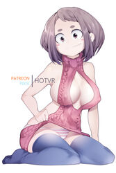 1girls backless backless_outfit big_breasts blush blush_stickers breasts brown_eyes brown_hair cleavage cleavage_cutout clothing cutout erect_nipples female female_only hotvr kneeling legwear long_hair looking_at_viewer my_hero_academia nipples no_bra ochako_uraraka panties revealing_clothes smile stockings sweater thighhighs underwear virgin_killer_sweater rating:Questionable score:265 user:UnrealHarbor