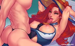 2girls areolae big_breasts breasts female female_only fizzz large_breasts league_of_legends miss_fortune nipples open_mouth paizuri pool_party_miss_fortune pool_party_series strap-on tongue tongue_out yuri rating:Explicit score:215 user:justausername