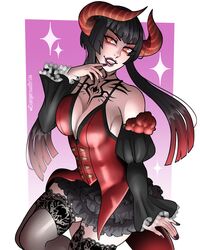 1girls bangs black_hair dangerousbride dress eliza_(tekken) fangs female female_only horns long_hair looking_at_viewer orange_eyes purple_lipstick red_highlights slit_pupils smiling smiling_at_viewer solo stockings tattoo tekken tekken_7 vampire very_high_resolution rating:Questionable score:68 user:BlueVertig0