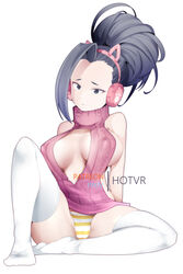 1girls animal_ears backless backless_outfit bangs big_breasts black_eyes black_hair breasts cameltoe cat_ears cleavage clothing erect_nipples fake_animal_ears female female_only hairband hotvr legwear long_hair long_socks momo_yaoyorozu my_hero_academia nipples no_bra panties ponytail revealing_clothes sitting socks sweater thighhighs tied_hair virgin_killer_sweater rating:Questionable score:235 user:UnrealHarbor