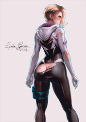 ass blonde_hair bubble_butt dandon_fuga eyebrow_piercing female female_focus gwen_stacy marvel marvel_comics pinup pinup_pose pose posing rear_view shaved_side short_hair sideboob small_breasts spider-gwen spider-man_(series) standing tagme rating:Explicit score:214 user:hh3398