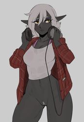 arbuzbudesh bare_legs belly_button bottomless cleavage dark-skinned_female dark_elf dark_grey_body drow elf elf_ears fit flannel going_commando gray_skin grey_body grey_skin half_naked headphones long_ears navel no_panties nopan pink_bra pointy_ears pubic_hair shirt tank_top thick_thighs white_hair white_pubic_hair yellow_eyes rating:Explicit score:249 user:DrEmerald