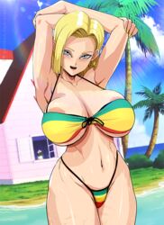 1girls alternate_version_available android_18 areolae belly belly_button bikini blonde_hair blue_eyes breasts dragon_ball dragon_ball_z female female_only huge_breasts kame_house krabby_(artist) looking_at_viewer navel solo thick_thighs wide_hips rating:Explicit score:182 user:justausername