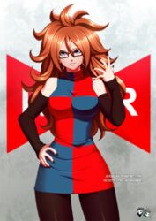 android_21 android_21_(human) arm_warmers black-framed_eyewear blue_eyes dragon_ball dragon_ball_fighterz dress female glasses grin hand_on_hip jadenkaiba jewelry looking_at_viewer multicolored multicolored_clothes multicolored_dress nail_polish pantyhose red_hair ring smile solo rating:Explicit score:37 user:Android_21_(Dbfz)