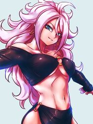 adapted_costume android_21 android_21_(good) bare_shoulders blue_eyes breasts cleavage collarbone commentary_request curly_hair dragon_ball dragon_ball_fighterz earrings female grey_background hands_up hoop_earrings jewelry kemachiku light_persona long_hair looking_at_viewer majin_android_21 medium_breasts monster_girl navel o-ring o-ring_bottom o-ring_top parted_lips pink_skin revealing_clothes ring smile solo stomach underboob very_long_hair white_hair rating:Questionable score:81 user:Android_21_(Dbfz)