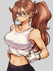 1girls alternate_costume alternate_hairstyle android_21 android_21_(human) blue_eyes breasts brown_hair collarbone dragon_ball dragon_ball_fighterz earrings female fingerless_gloves glasses gloves grey_background hoop_earrings jewelry kemachiku large_breasts long_hair looking_at_viewer midriff navel ponytail red_hair simple_background solo st62svnexilf2p9 tank_top white_gloves white_tank_top rating:Safe score:142 user:Android_21_(Dbfz)