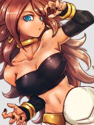 alternate_skin_color android_21 android_21_(human) arm_up bandeau bare_shoulders black_nails blue_eyes bracelet breasts brown_hair cleavage closed_mouth collarbone commentary_request cosplay curly_hair dark-skinned_female dark_skin detached_sleeves dragon_ball dragon_ball_fighterz earrings female female_only harem_outfit harem_pants hoop_earrings jewelry kemachiku long_hair looking_at_viewer majin_android_21_(cosplay) medium_breasts nail_polish navel neck_ring pants parted_lips ring solo tan upper_body very_long_hair white_pants rating:Questionable score:84 user:Android_21_(Dbfz)