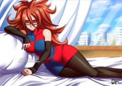 android_21 android_21_(human) arm_warmers bed bed_sheet bedding bedroom bedroom_eyes bedsheets black-framed_eyewear blue_eyes dragon_ball dragon_ball_fighterz dress female glasses grin jadenkaiba jewelry laying_down laying_on_bed looking_at_viewer multicolored multicolored_clothes multicolored_dress nail_polish pantyhose red_hair ring smile solo url watermark rating:Explicit score:74 user:Android_21_(Dbfz)