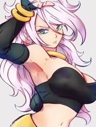 android android_21 android_21_(good) armpits blue_eyes bracelet breasts choker cleavage closed_mouth detached_sleeves dragon_ball dragon_ball_fighterz female grey_background hair_between_eyes jewelry kemachiku large_breasts light_persona light_skin long_hair looking_at_viewer majin_android_21 midriff monster_girl navel pink_hair simple_background solo tubetop white_hair yellow_choker rating:Questionable score:119 user:Android_21_(Dbfz)