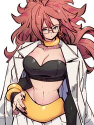 android android_21 android_21_(human) black_nails blue_eyes breasts brown_hair choker cleavage closed_mouth collarbone cosplay dragon_ball dragon_ball_fighterz earrings female fingernails glasses hoop_earrings jewelry kemachiku labcoat long_hair looking_at_viewer majin_android_21_(cosplay) medium_breasts midriff nail_polish nails navel open_clothes red_hair solo yellow_choker rating:Questionable score:84 user:Android_21_(Dbfz)