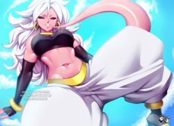 1girls 2010s android_21 arm_warmers baggy_pants bare_shoulders black_sclera bracelet breasts choker cleavage dark_persona dragon_ball dragon_ball_fighterz ear_piercing earrings female female_only harem_outfit harem_pants hoop_earrings humanoid jadenkaiba jewelry large_breasts long_hair looking_at_viewer majin majin_android_21 midriff monster_girl navel pants parted_lips piercing pink_skin pointy_ears red_eyes solo stomach tail tubetop url watermark white_hair rating:Questionable score:122 user:Android_21_(Dbfz)