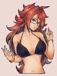 ahoge android_21 android_21_(human) bangle bikini bikini_top black-framed_eyewear black_bikini blue_eyes blue_nails bracelet breasts brown_hair collarbone dragon_ball dragon_ball_fighterz earrings female flipped_hair glasses hoop_earrings jewelry kemachiku large_breasts long_hair looking_at_viewer nail_polish navel red_nails semi-rimless_eyewear solo swimsuit under-rim_eyewear upper_body rating:Questionable score:111 user:Android_21_(Dbfz)