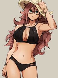 android_21 android_21_(human) bikini black_bikini black_nails blue_eyes bracelet breasts cleavage_cutout clothing_cutout collarbone dragon_ball dragon_ball_fighterz female glasses grey_background hair_between_eyes hand_up hat jewelry kemachiku long_hair medium_breasts nail_polish navel red_hair simple_background solo straw_hat swimsuit rating:Questionable score:116 user:Android_21_(Dbfz)