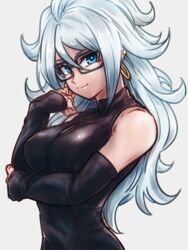 alternate_hair_color android_21 android_21_(human) arm_under_breasts arm_up bare_shoulders black-framed_eyewear black_dress blue_eyes breasts closed_mouth commentary_request curly_hair detached_sleeves dragon_ball dragon_ball_fighterz dress earrings female glasses grey_background hoop_earrings jewelry kemachiku light_persona long_hair looking_at_viewer majin_android_21 medium_breasts sleeveless sleeveless_dress smile solo taut_clothes taut_dress upper_body very_long_hair white_hair rating:Safe score:125 user:Android_21_(Dbfz)