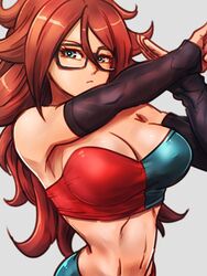 adapted_costume android_21 android_21_(human) armpits arms_up black-framed_eyewear blue_eyes bra breasts brown_hair checkered checkered_bra cleavage closed_mouth collarbone commentary_request curly_hair detached_sleeves dragon_ball dragon_ball_fighterz dress expressionless female glasses kemachiku long_hair looking_at_viewer medium_breasts navel solo sports_bra underwear upper_body very_long_hair rating:Questionable score:125 user:Android_21_(Dbfz)