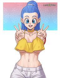 athletic athletic_female big_breasts breasts bulma_briefs busty crop_top double_v dragon_ball dragon_ball_z female female_focus female_only fully_clothed hourglass_figure kameseru lavender_hair pinup pinup_pose pose posing solo tagme underboob v wide_hips rating:Explicit score:101 user:hh3398