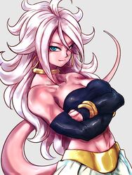 android_21 android_21_(good) artist_request bandeau bare_shoulders blue_eyes bracelet breasts cleavage closed_mouth collarbone commentary_request crossed_arms curly_hair detached_sleeves dragon_ball dragon_ball_fighterz earrings female female_only grey_background harem_outfit harem_pants hoop_earrings jewelry kemachiku light_persona long_hair looking_at_viewer majin_android_21 medium_breasts monster_girl navel neck_ring pants pink_skin ring smile solo tail very_long_hair white_hair white_pants rating:Questionable score:80 user:Android_21_(Dbfz)