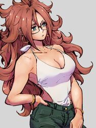 alternate_costume android_21 android_21_(human) blue_eyes bracelet breasts cleavage denim dragon_ball dragon_ball_fighterz earrings female glasses grey_background hair_between_eyes hand_on_hip hoop_earrings jeans jewelry kemachiku long_hair looking_away medium_breasts pants red_hair simple_background solo rating:Questionable score:122 user:Android_21_(Dbfz)