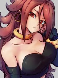 1girls android android_21 android_21_(human) bare_shoulders breasts brown_hair choker cleavage collarbone cosplay dark_persona dragon_ball dragon_ball_fighterz earrings female grey_background hand_up hoop_earrings jewelry kemachiku large_breasts light-skinned_female light_skin long_hair looking_at_viewer majin_android_21_(cosplay) red_eyes simple_background solo tubetop upper_body rating:Questionable score:205 user:Android_21_(Dbfz)