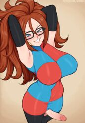 1futa afrobull android_21 android_21_(human) arms_behind_head big_breasts breasts clothed clothing dragon_ball dragon_ball_fighterz dragon_ball_z elbow_gloves erection_under_clothes futa_only futanari glasses high-angle_view long_hair mostly_clothed nipples penis penis_under_clothes seductive seductive_smile smug_face solo solo_futa rating:Explicit score:320 user:AnonHazeEdits