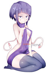 1girls backless backless_outfit black_eyes breasts cable cleavage cutout facial_markings female female_only hotvr kneeling kyoka_jiro my_hero_academia no_bra no_panties no_underwear purple_hair revealing_clothes seiza short_hair sitting stockings sweater thighhighs virgin_killer_sweater rating:Questionable score:328 user:UnrealHarbor