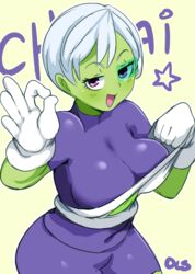 1girls alien_girl battle_armor big_breasts cheelai dragon_ball dragon_ball_super elastic_armor female female_focus female_only green-tinted_eyewear green_skin humanoid lightsource scouter short_hair tinted_eyewear white_hair rating:Questionable score:194 user:SSJB