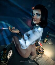  3d 3d1viner ass bioshock bioshock_infinite blue_eyes bubble_butt burial_at_sea busty butt_crack cigarette elizabeth_comstock elizabeth_comstock_(burial_at_sea) female female_focus female_only hourglass_figure long_hair looking_back pinup pinup_pose rear_view tagme wide_hips  rating:explicit score: user:bot