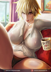 1girls areolae bangs big_breasts blonde_hair bottomless breasts cameltoe chocoraptor cleavage coffee cup drink female female_only holding_object huge_breasts indoors knee_up large_breasts lipstick long_hair looking_at_viewer makeup mature mature_female milf mitsuki_bakugou mother my_hero_academia nipples no_bra no_pants panties partially_clothed pussy red_eyes see-through see-through_clothing shirt sitting smile spread_legs thick_thighs underwear vagina visible_nipples voluptuous rating:Explicit score:186 user:UnrealHarbor