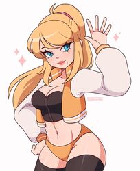 bustier cremanata cute female jacket letterman_jacket metroid orange_panties panties ponytail samus_aran sidelocks solo sparkles thighhighs varsity_jacket rating:Safe score:206 user:Freezer88