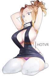 1girls armpits arms_behind_head arms_up backless backless_outfit bangs barefoot big_breasts blonde_hair breasts brown_eyes camie_utsushimi cleavage clothing cutout female female_only hotvr long_hair my_hero_academia no_bra no_shoes panties ponytail revealing_clothes simple_background sweater thighhighs tied_hair underwear virgin_killer_sweater white_background rating:Questionable score:444 user:UnrealHarbor