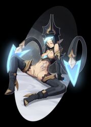 5_fingers absurdres arm_support armwear ass black_hair blue_eyes blue_hair boots bottomless breasts demon_girl elbow_gloves evelynn eyebrow_through_hair eyebrows female fingers footwear full-length_portrait genitals gloves handwear high_heeled_boots highres horn horned_humanoid humanoid league_of_legends looking_at_viewer mammal multicolored_hair navel nipples one_eye_closed pointy_ears portrait pussy riot_games shuuko simple_background sitting small_breasts smile solo spread_legs spreading thigh_boots thighhighs translucent translucent_hair white_outline rating:Explicit score:95 user:bot